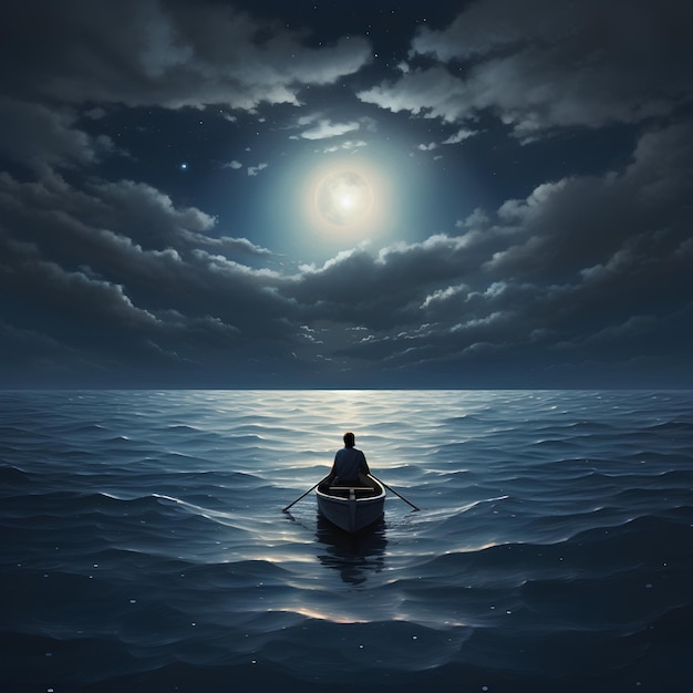 A Person in a Rowboat at the Middle of the Ocean Facing