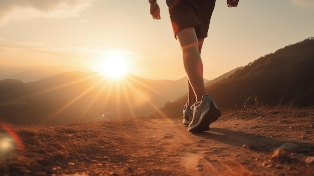 A person running on a dirt road at sunset generative AI