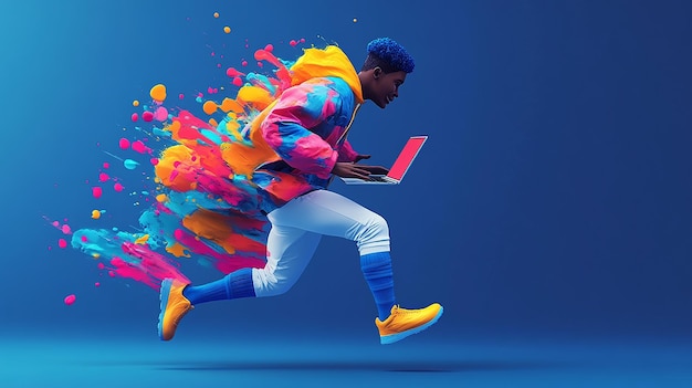 Person Running with a Laptop in a Colorful Coat Cartoon Style with Exaggerated Movements and Paint