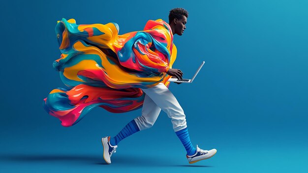 Person Running with a Laptop in a Colorful Coat Cartoon Style with Exaggerated Movements and Paint