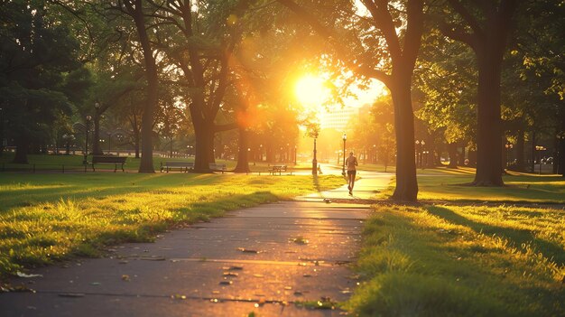 Photo a person runs through a park as the sun sets