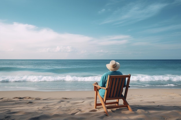 A person's back view sitting on a beach chair and looking at the ocean representing relaxation