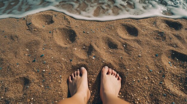 A person's feet in the sand with the word beach on the bottom.