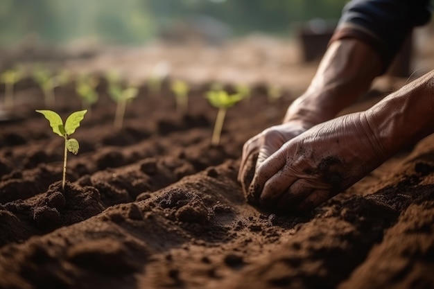 A person's hands are planting seedlings on a field Generative AI