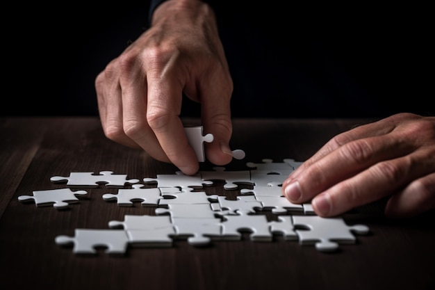 A person's hands assembling a puzzle representing problemsolving and teamwork