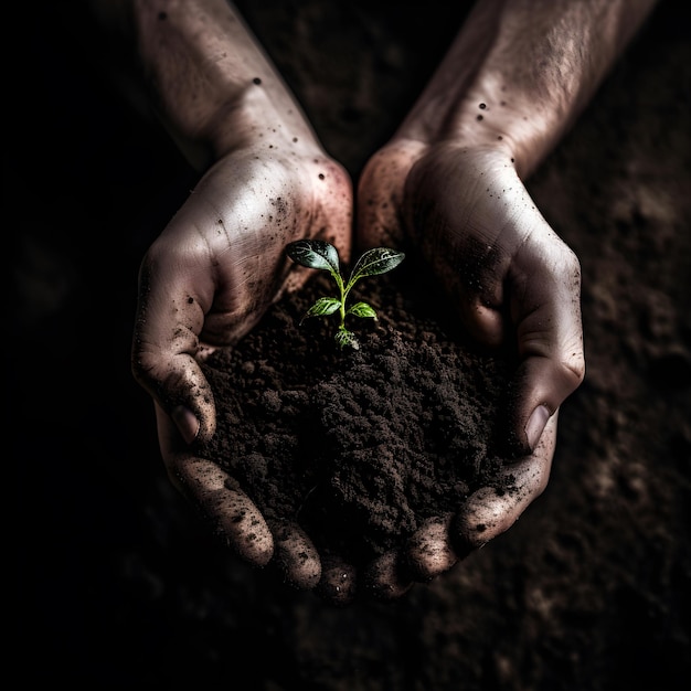 A person's hands full of soil where a plant sprouts Generative AI