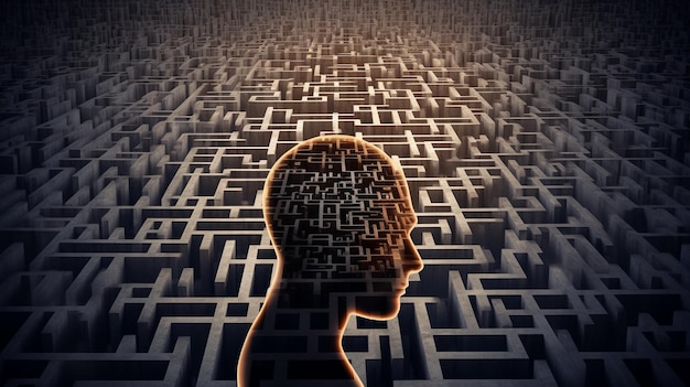 A person's head is surrounded by mazes and the words mind is visible.