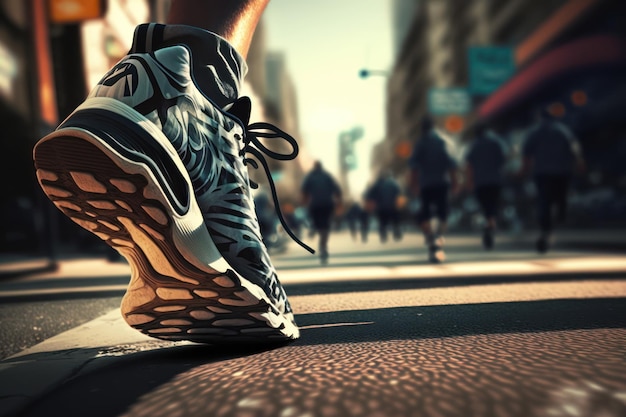 A person's shoe is shown on a street with a blurry background.