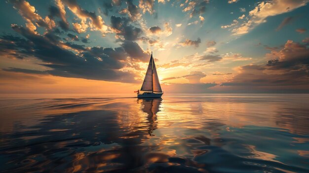 Photo a person sailing on a calm sea with a beautiful sunset