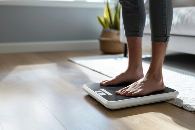 Photo person on scale in sunlit room focus on feet