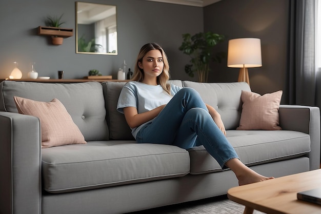 Photo a person seated on living room couch