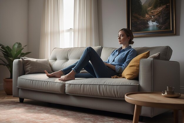 Photo a person seated on living room couch