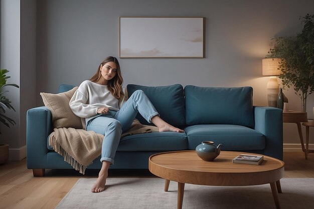 Photo a person seated on living room couch