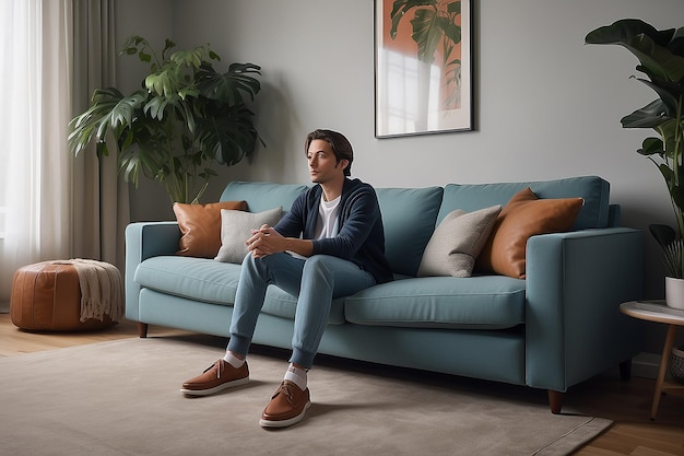 Photo a person seated on living room couch