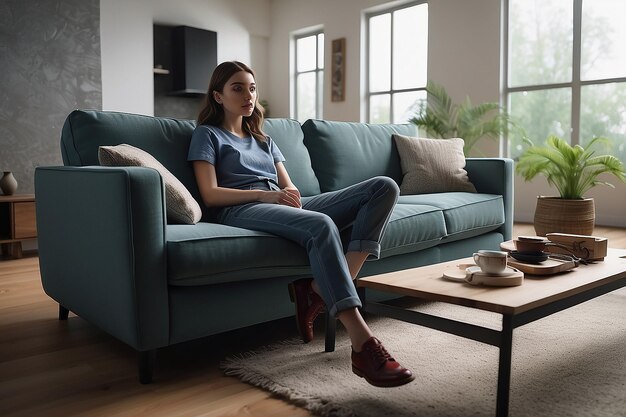 Photo a person seated on living room couch