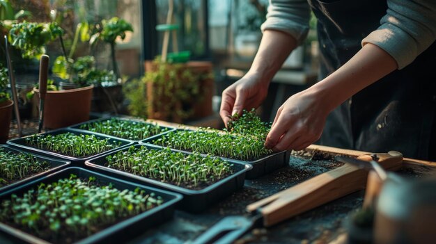 Photo a person seeds microgreens in soil trays in an indoor garden on a bright day