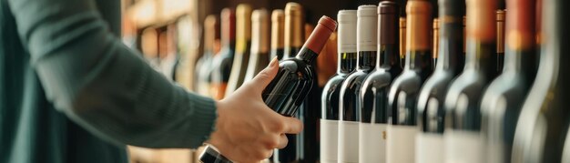 Photo a person selecting a wine bottle from a shelf in a store showcasing various wine labels and bottles in a cozy retail space