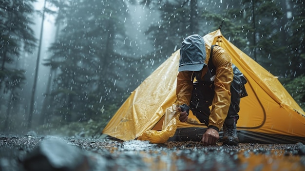 A person setting up a tent in the rain wearing a raincoat and boots droplets on the tent fabric determined and adventurous vibe highresolution photography