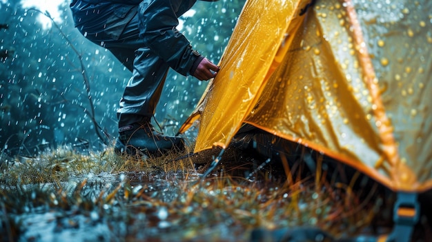 A person setting up a tent in the rain wearing a raincoat and boots