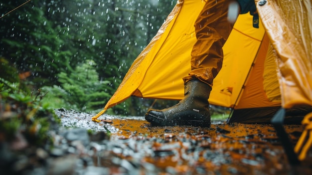 A person setting up a tent in the rain wearing