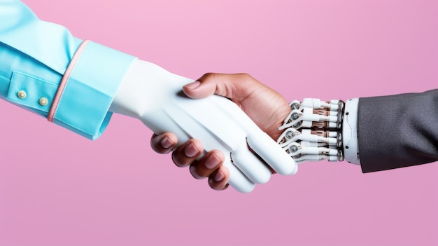 Photo a person shaking hands with a white robot on a pink background