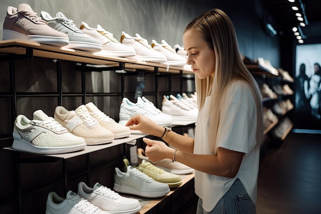 Person shopping for new pair of sneakers in trendy sneaker store created with generative ai