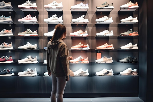 Person shopping for new pair of sneakers in trendy sneaker store created with generative ai