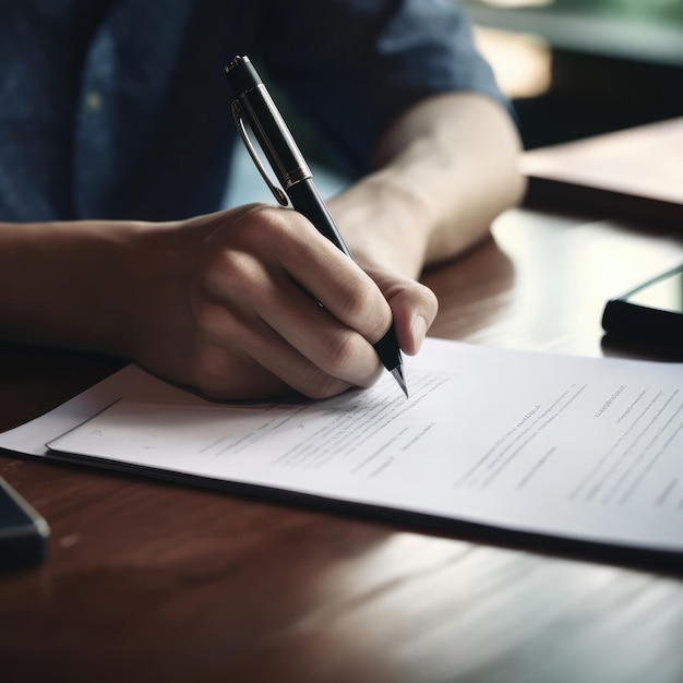 A person signing a document with a pen