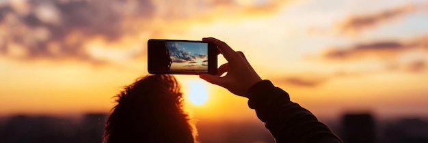 Photo a person silhouetted against a vibrant sunset capturing the breathtaking scene with their smar