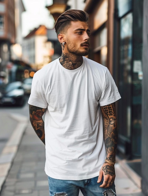 Photo person in a simple white tshirt with tattoos minimalistic casual plain