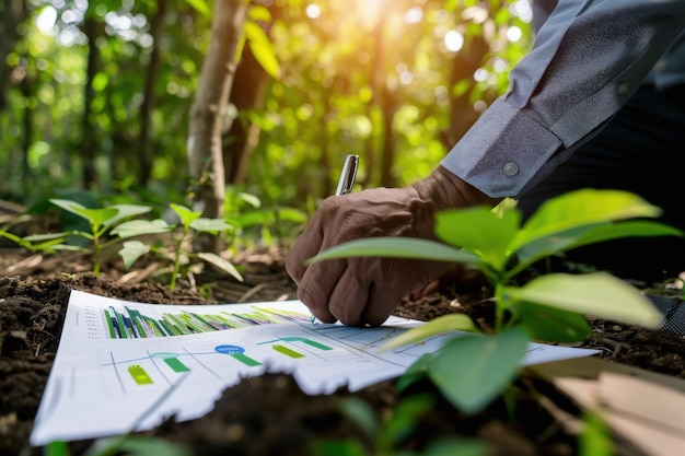 A person sits amidst lush greenery analyzing a chart related to ESG reporting