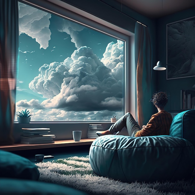 A person sits in a chair looking out a window with a large cloud in the sky.