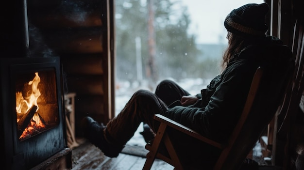 Photo a person sits comfortably in a wooden chair gazing at a crackling fire in a stove surrounded by the tranquility of a snowy landscape creating a warm and inviting atmosphere