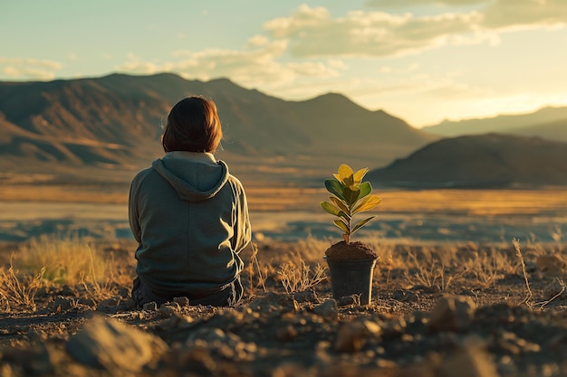 A person sits contemplatively beside a young plant in a pot amidst a vast desert landscape hope renewal and the vital importance of ecological restoration in arid environments