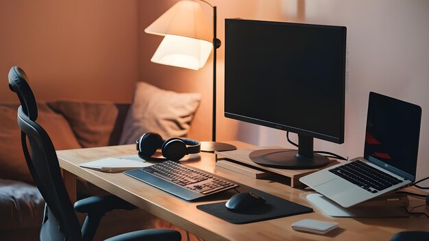 Photo a person sits at a desk with front two screens and a painting on the wall behind him