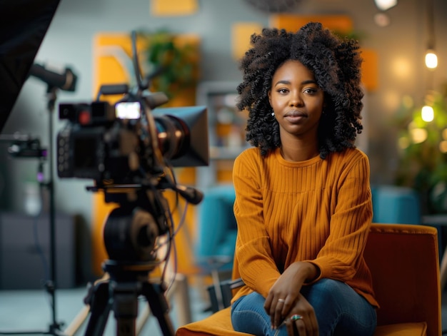 A person sits in front of a camera focused and serious