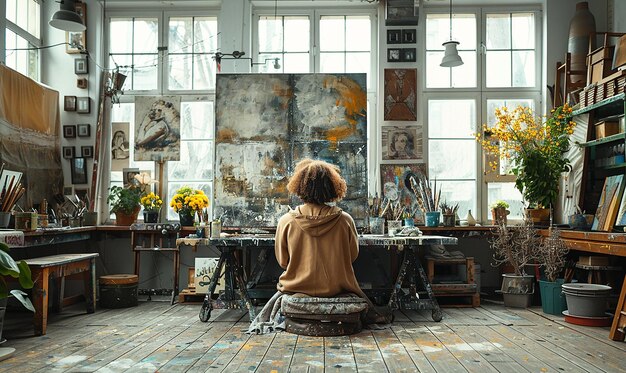 Photo a person sits in front of a large painting with the word  on it