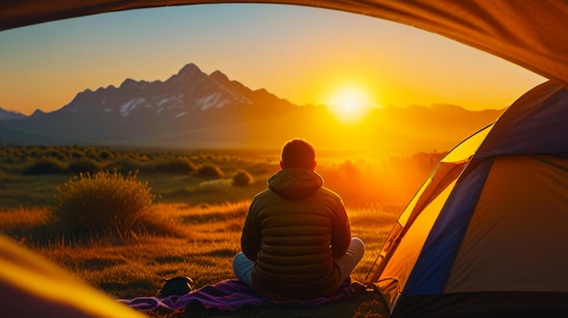 a person sits in front of a tent with the sun setting behind them