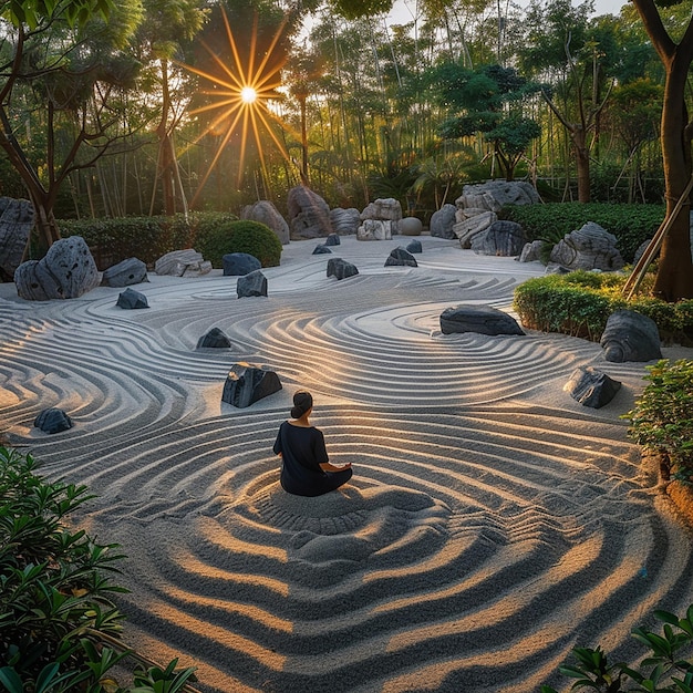 Photo a person sits in front of a zen garden with the sun shining on the ground