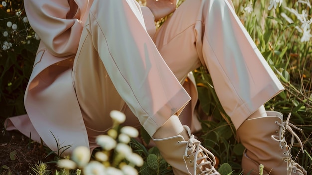 A person sits in a meadow dressed in pale attire surrounded by lush grass and wildflowers evoking a sense of tranquility and nature