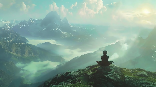 A person sits in a meditative pose on a mountain overlooking a valley shrouded in mist