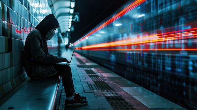 Photo a person sits in a metro station working on a laptop emphasizing the dangers of using public wifi networks for sensitive tasks generative ai