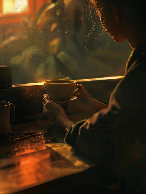 A person sits at a table in a dimly lit room holding a steaming cup of tea They look down at the cup with a contemplative expression creating a melancholic atmosphere Generative AI