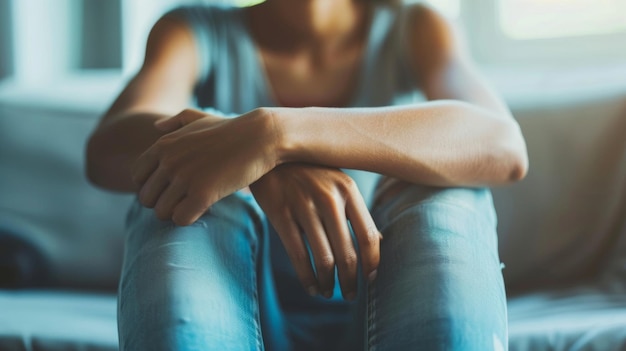 A person sits with their legs crossed tightly and their arms crossed over their chest indicating a