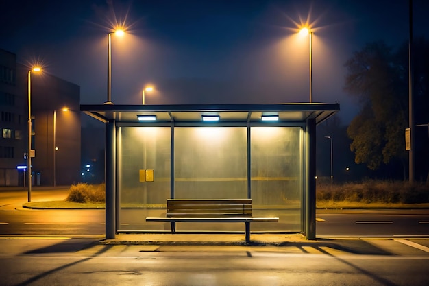 Photo a person sitting alone at a bus stop at night with only the streetlight illuminating the scene