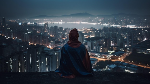 A person sitting on a cliff looking at a city at night