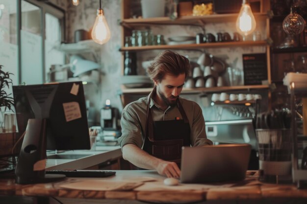 Photo person sitting at coffee shop table with laptop glasses on the table cozy ambiance