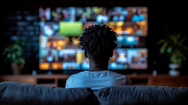 Person Sitting on Couch Watching TV in Living Room