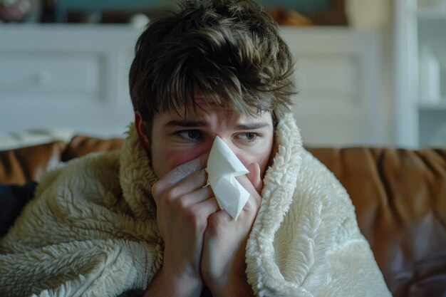 A person sitting on a couch with a blanket over their head concealing their identity