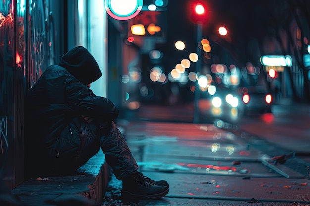 A person sitting on a curb at night